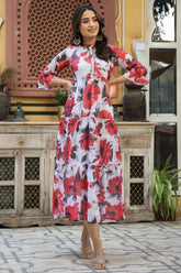 White Floral Printed Chiffon Dress With Buttons & Beads-2957WHITE